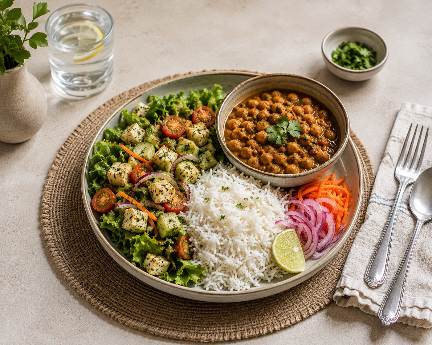 A balanced DietCraft meal — paneer salad, chana curry, rice, and fresh vegetables
